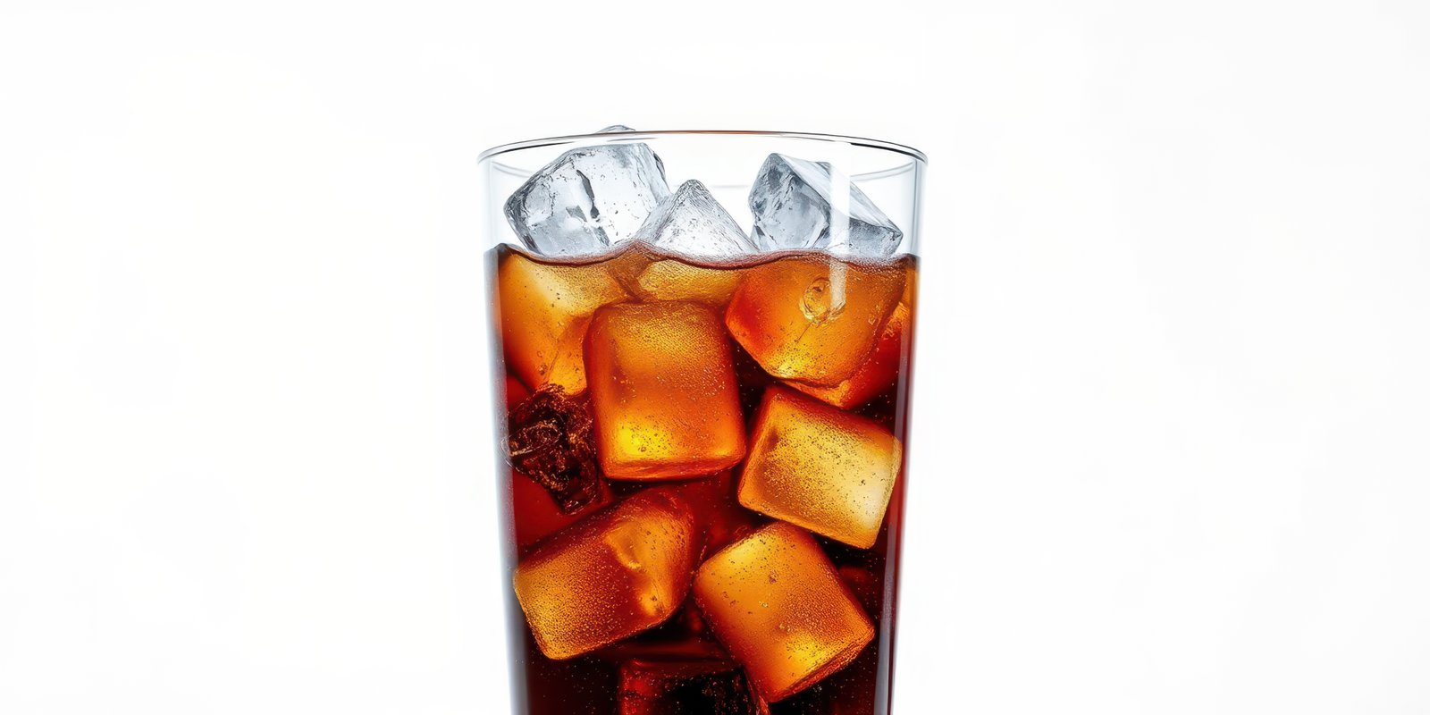 Refreshing glass filled with chilled beverage and ice cubes on a white background